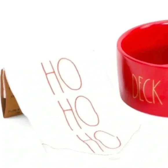 NEW 4 Pc SET - DECK THE PAWS - RED Pet Bowl, Bandana, & 2 squeaky Bone Toys - Picture 5 of 9